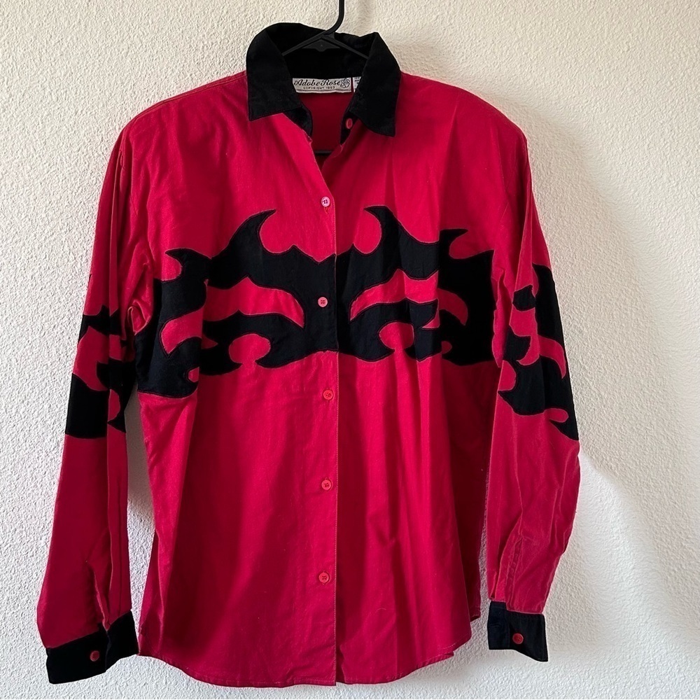 VTG Adobe Rose Rodeo Western Button Up Embroidered Women’s Medium Red Black